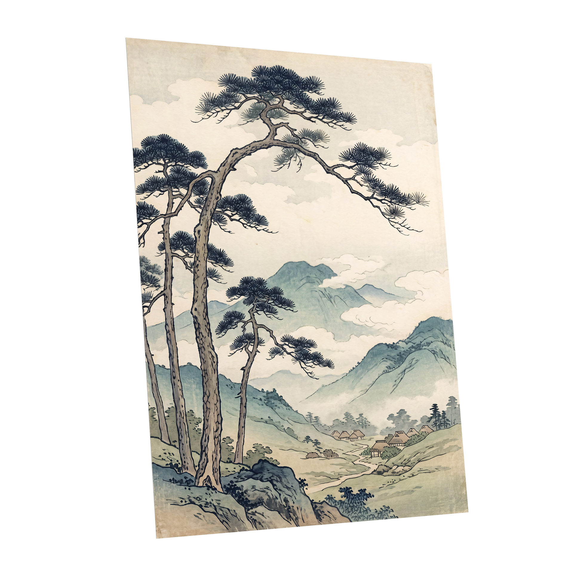 Pines Above the Valley, blue, green, beige nature wall art shown as a unframed poster wall art print