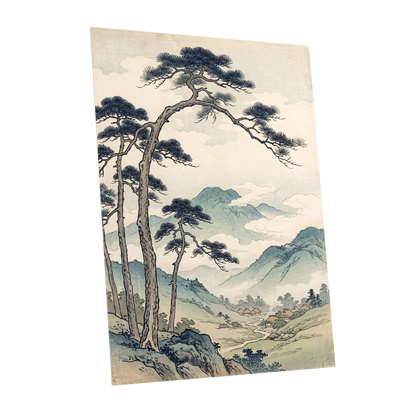 Pines Above the Valley, blue, green, beige nature wall art shown as a unframed poster wall art print