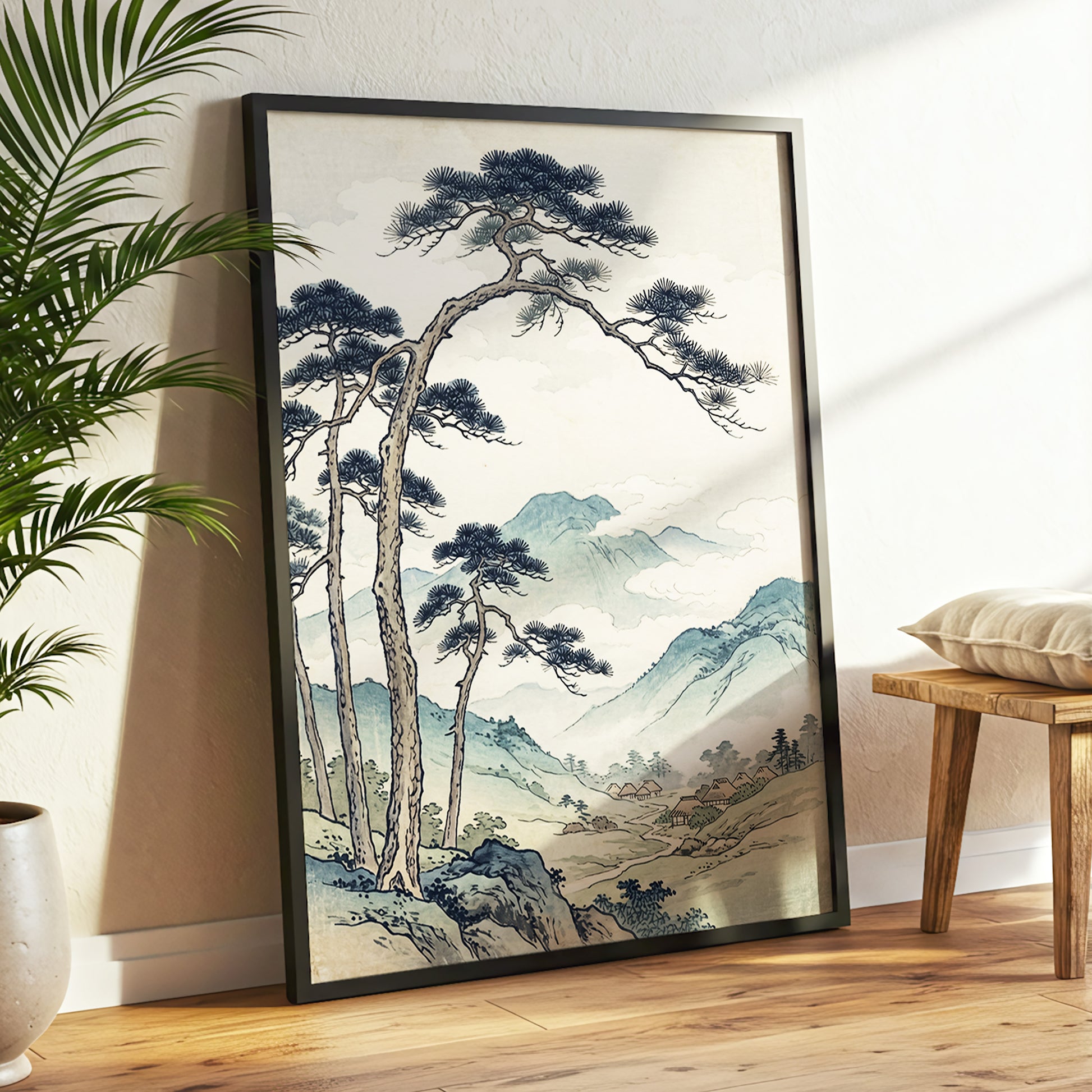 Pines Above the Valley, blue, green, beige nature wall art displayed in a styled interior, gallery view 2