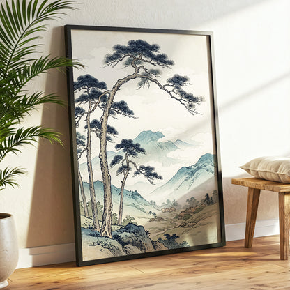 Pines Above the Valley, blue, green, beige nature wall art displayed in a styled interior, gallery view 2