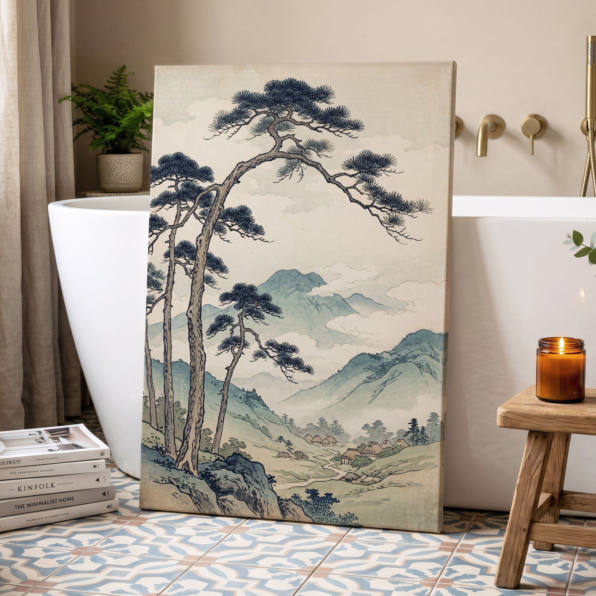 Pines Above the Valley, blue, green, beige nature wall art displayed in a styled interior, gallery view 3