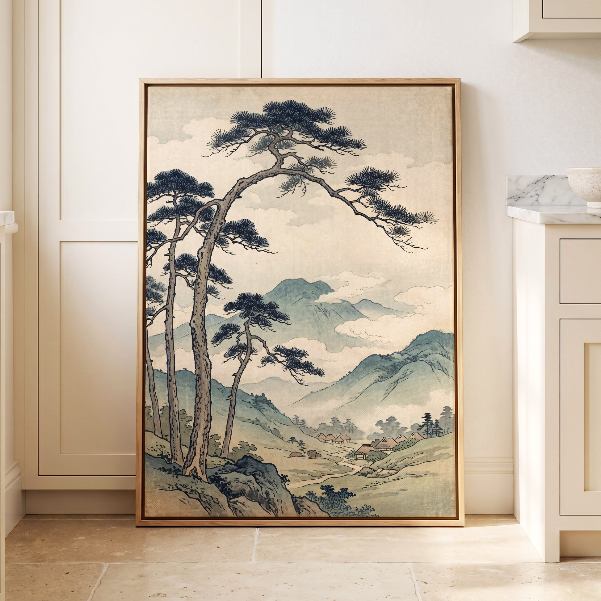 Pines Above the Valley, blue, green, beige nature wall art displayed in a styled interior, gallery view 4