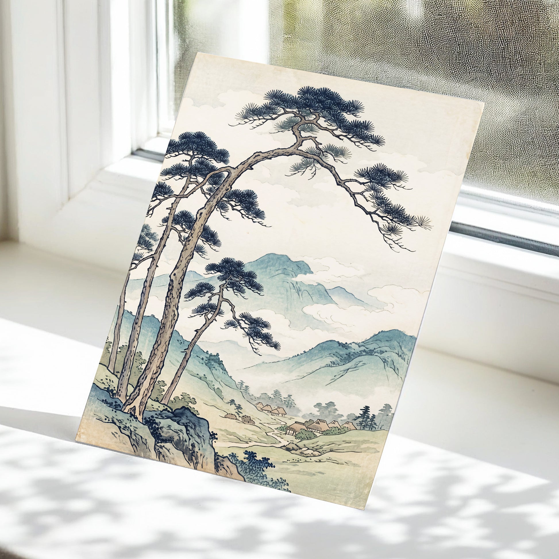 Pines Above the Valley, blue, green, beige nature wall art displayed in a styled interior, gallery view 5