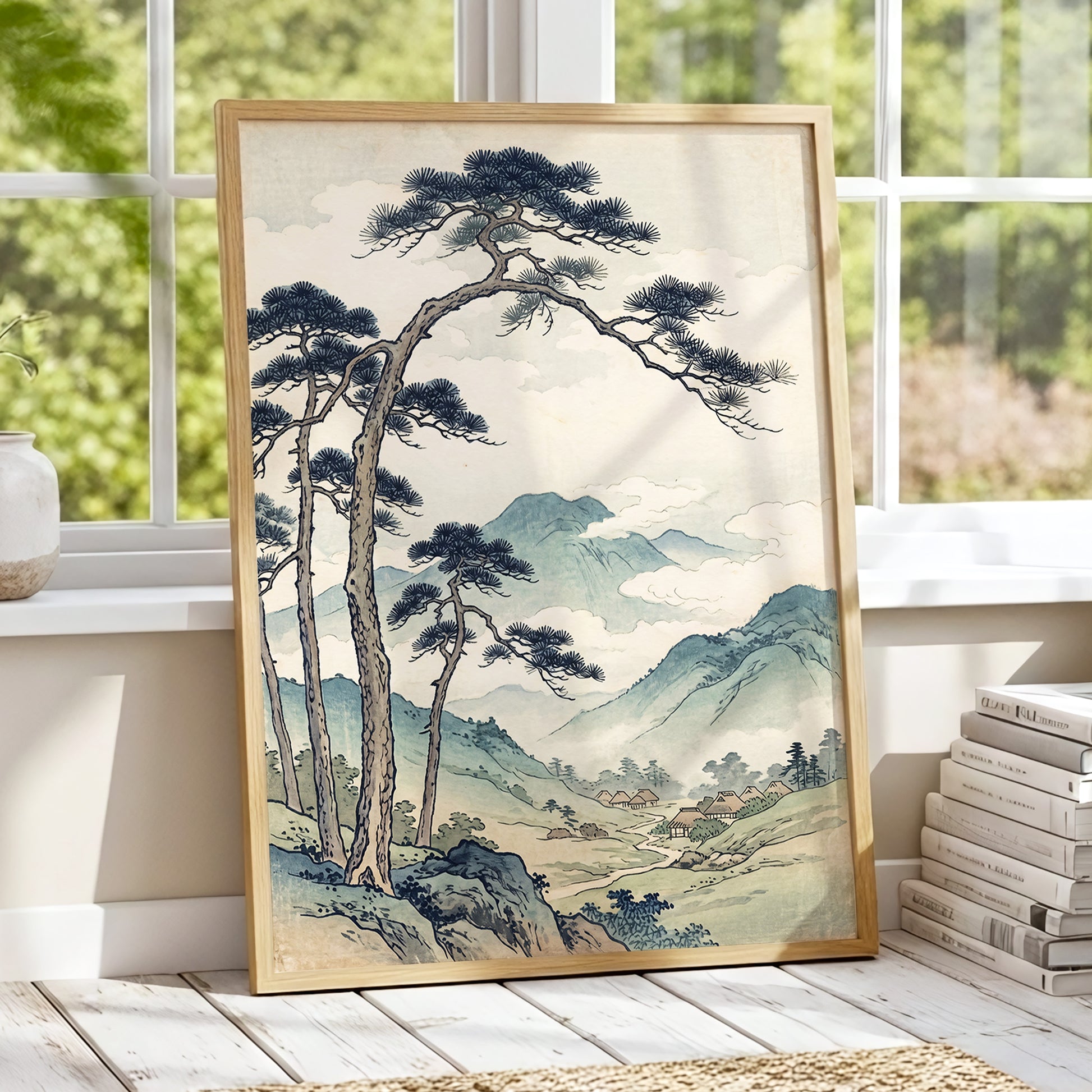 Pines Above the Valley, blue, green, beige nature wall art displayed in a styled interior, gallery view 6