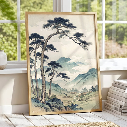 Pines Above the Valley, blue, green, beige nature wall art displayed in a styled interior, gallery view 6