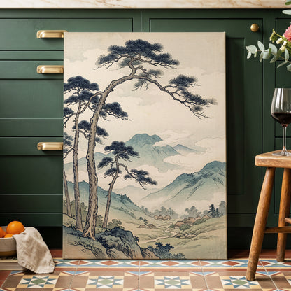 Pines Above the Valley, blue, green, beige nature wall art displayed in a styled interior, gallery view 7