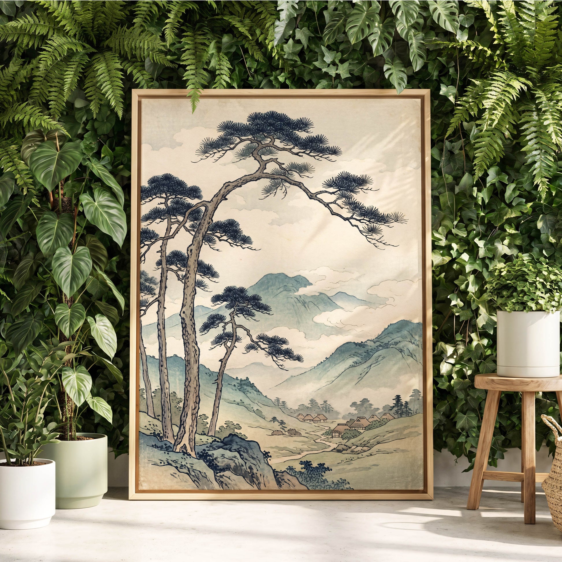 Pines Above the Valley, blue, green, beige nature wall art displayed in a styled interior, gallery view 8