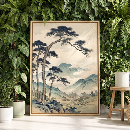 Pines Above the Valley, blue, green, beige nature wall art displayed in a styled interior, gallery view 8