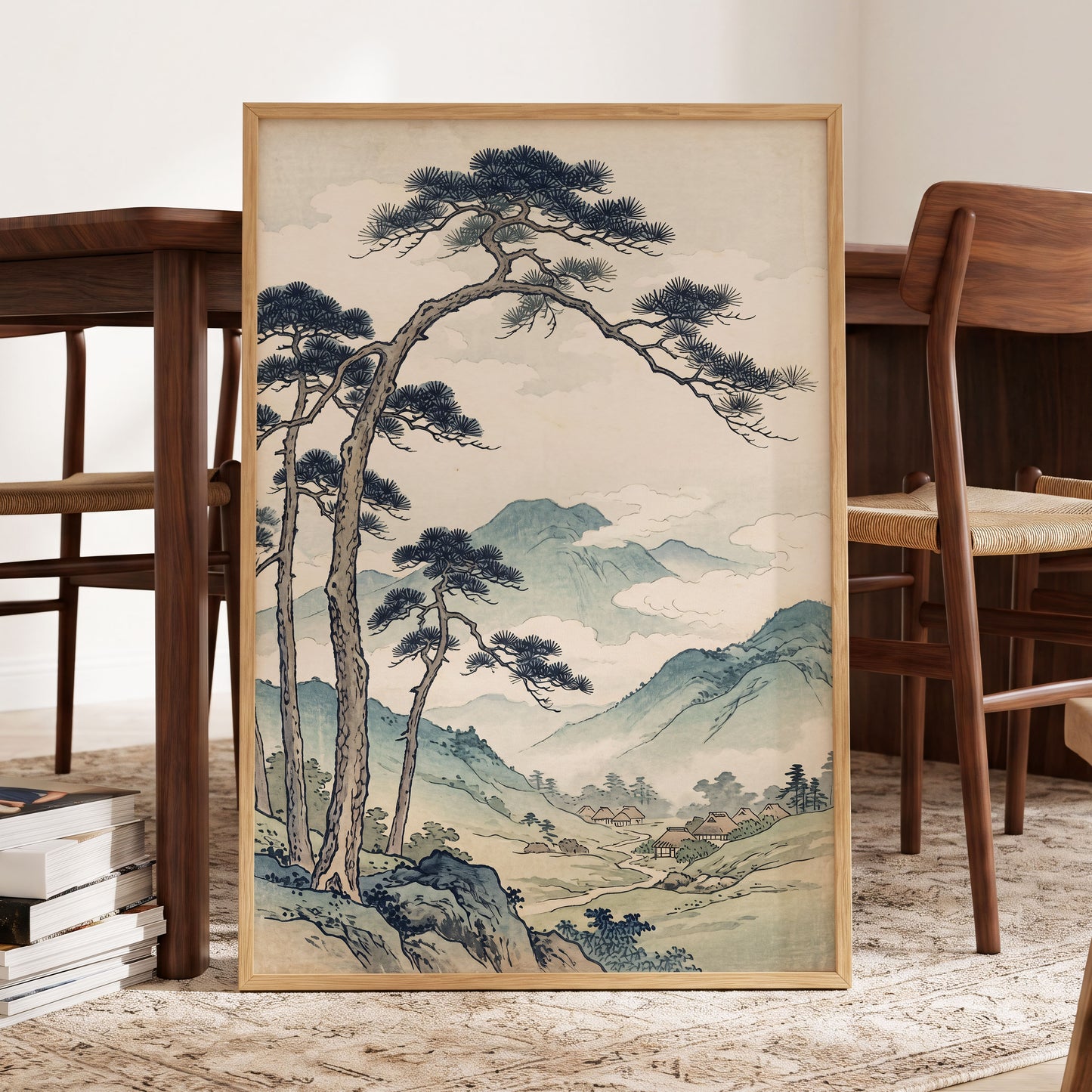Pines Above the Valley, blue, green, beige nature wall art displayed in a styled interior, gallery view 9