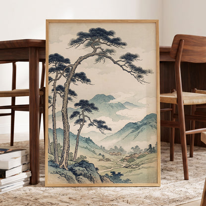 Pines Above the Valley, blue, green, beige nature wall art displayed in a styled interior, gallery view 9