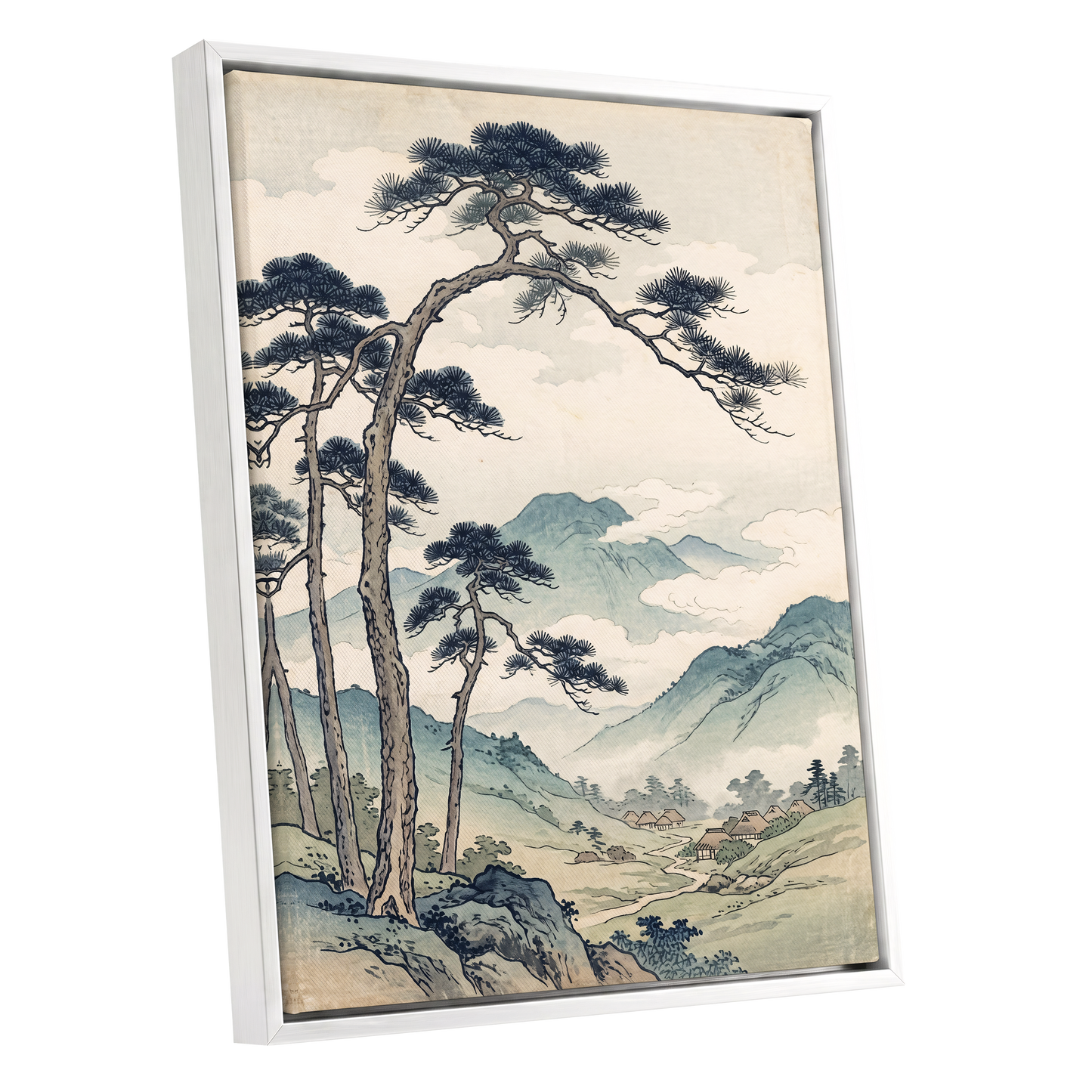 Pines Above the Valley, blue, green, beige nature wall art shown as a white framed canvas wall art