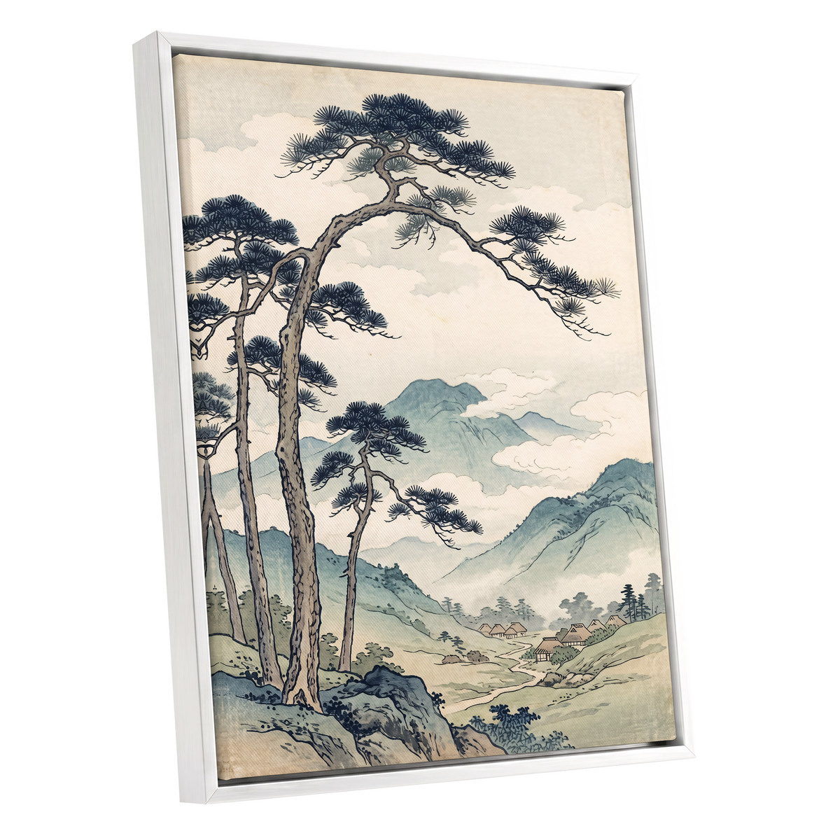 Pines Above the Valley, blue, green, beige nature wall art shown as a white framed canvas wall art
