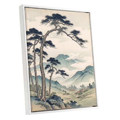 Pines Above the Valley, blue, green, beige nature wall art shown as a white framed canvas wall art