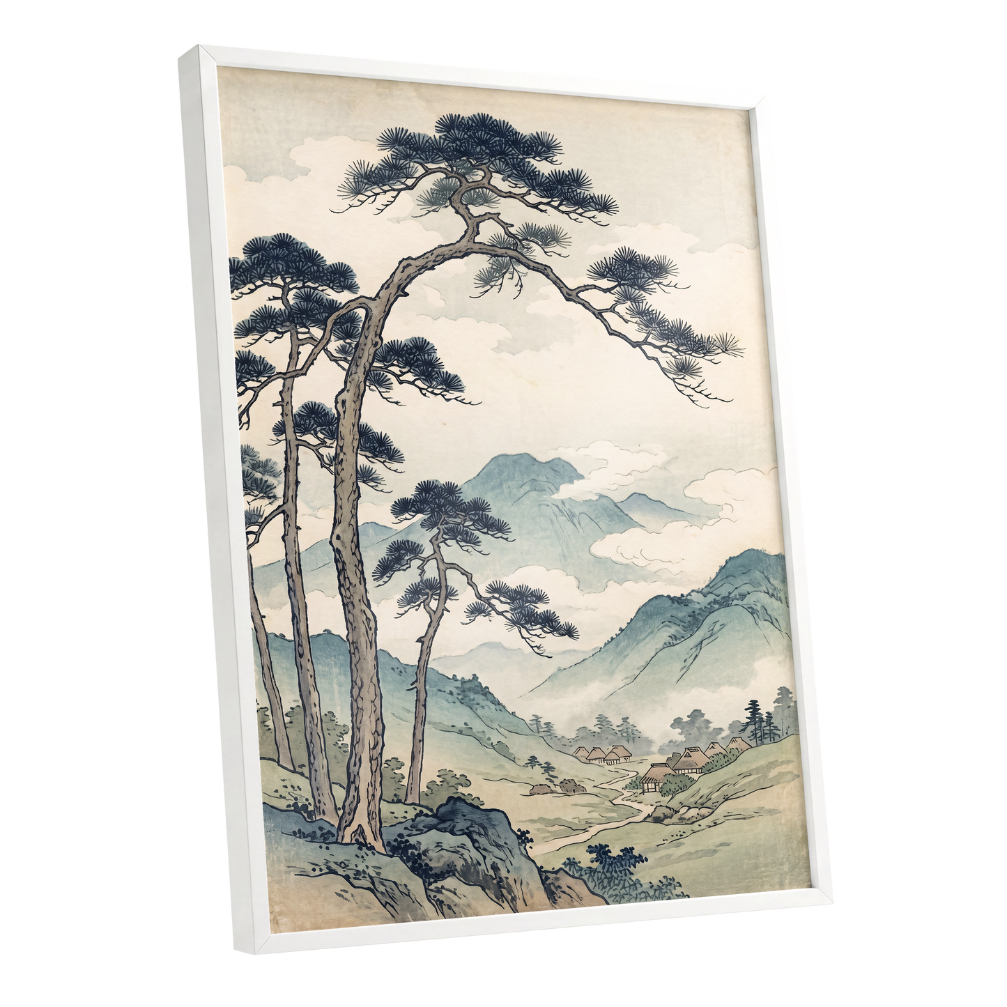 Pines Above the Valley, blue, green, beige nature wall art shown as a white framed poster wall art print