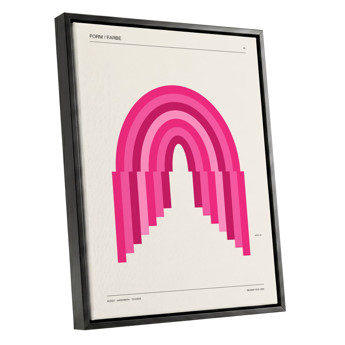 Pink Arch Rhythm, pink, beige minimalist wall art shown as a black framed canvas wall art