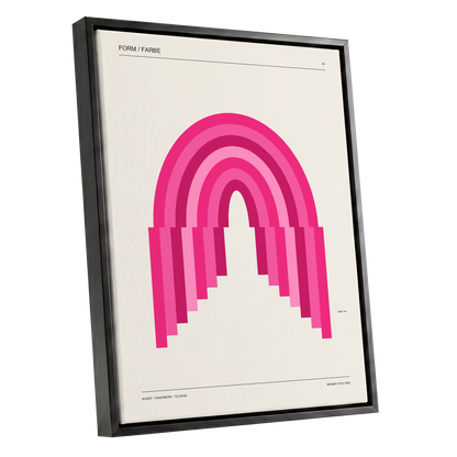 Pink Arch Rhythm, pink, beige minimalist wall art shown as a black framed canvas wall art