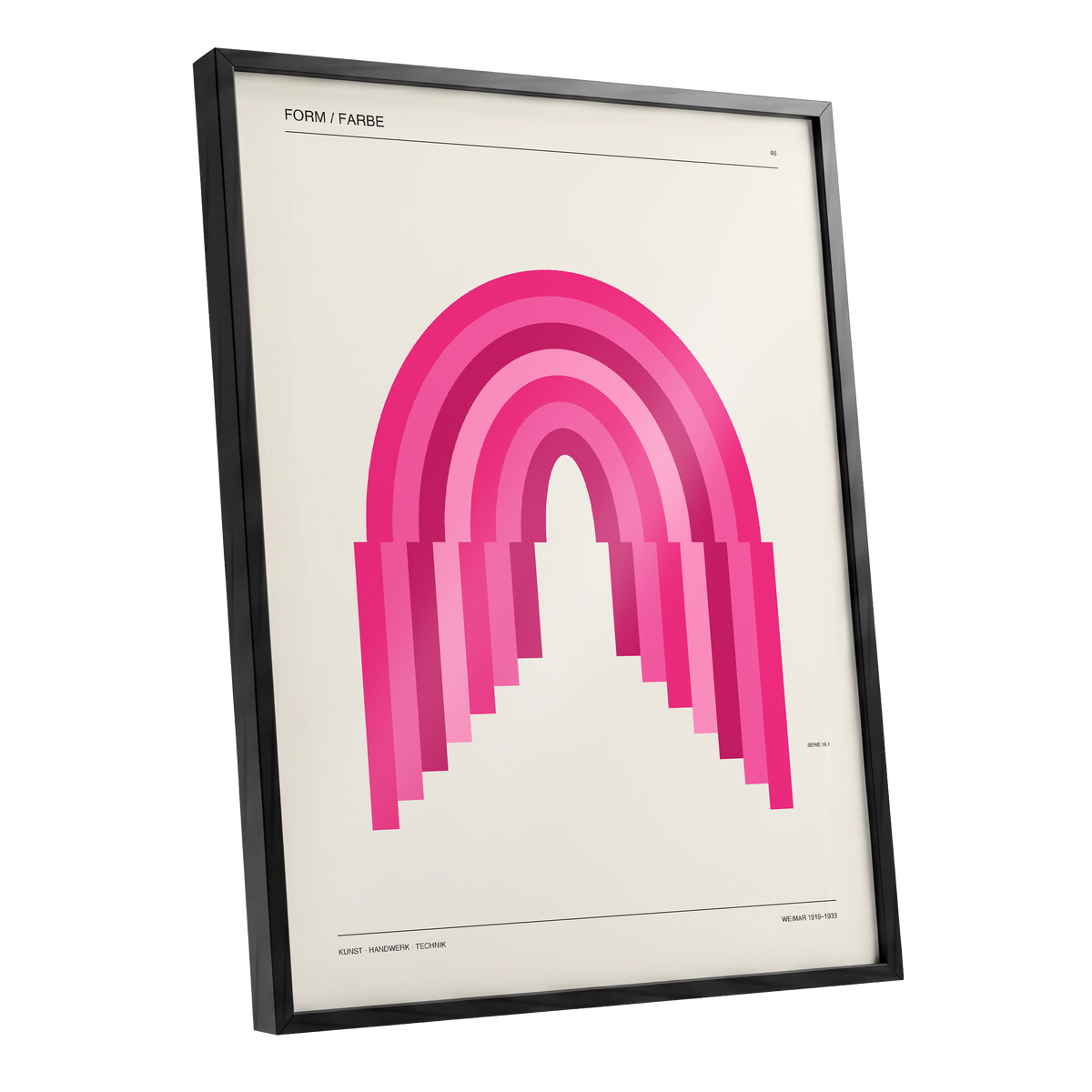 Pink Arch Rhythm, pink, beige minimalist wall art shown as a black framed poster wall art print