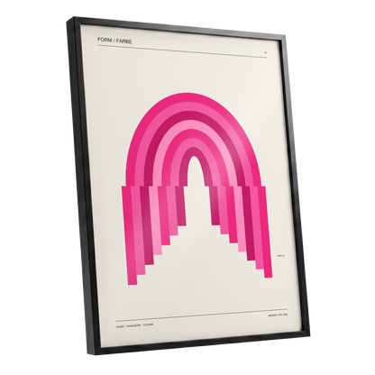 Pink Arch Rhythm, pink, beige minimalist wall art shown as a black framed poster wall art print