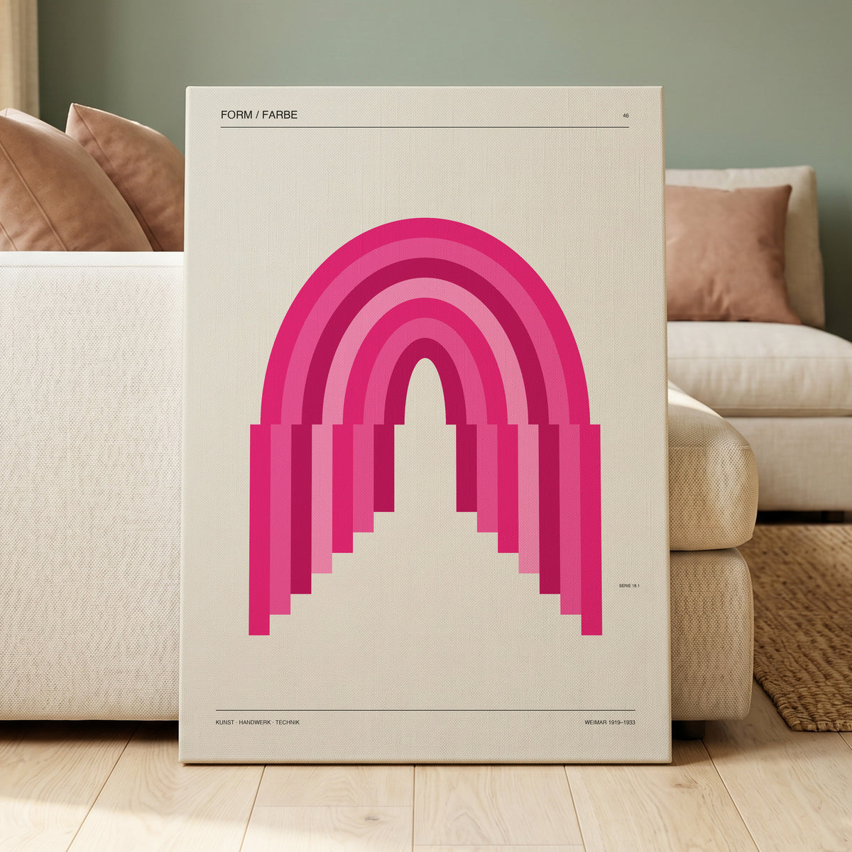 Pink Arch Rhythm, pink, beige minimalist wall art on canvas displayed in a styled interior, gallery view 1