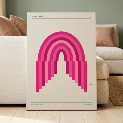 Pink Arch Rhythm, pink, beige minimalist wall art on canvas displayed in a styled interior, gallery view 1