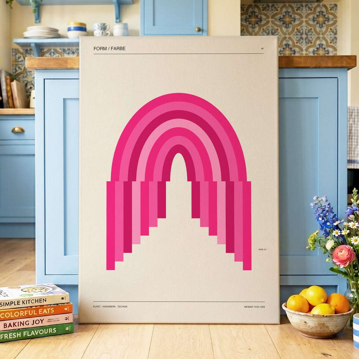 Pink Arch Rhythm, pink, beige minimalist wall art on canvas displayed in a styled interior, gallery view 2