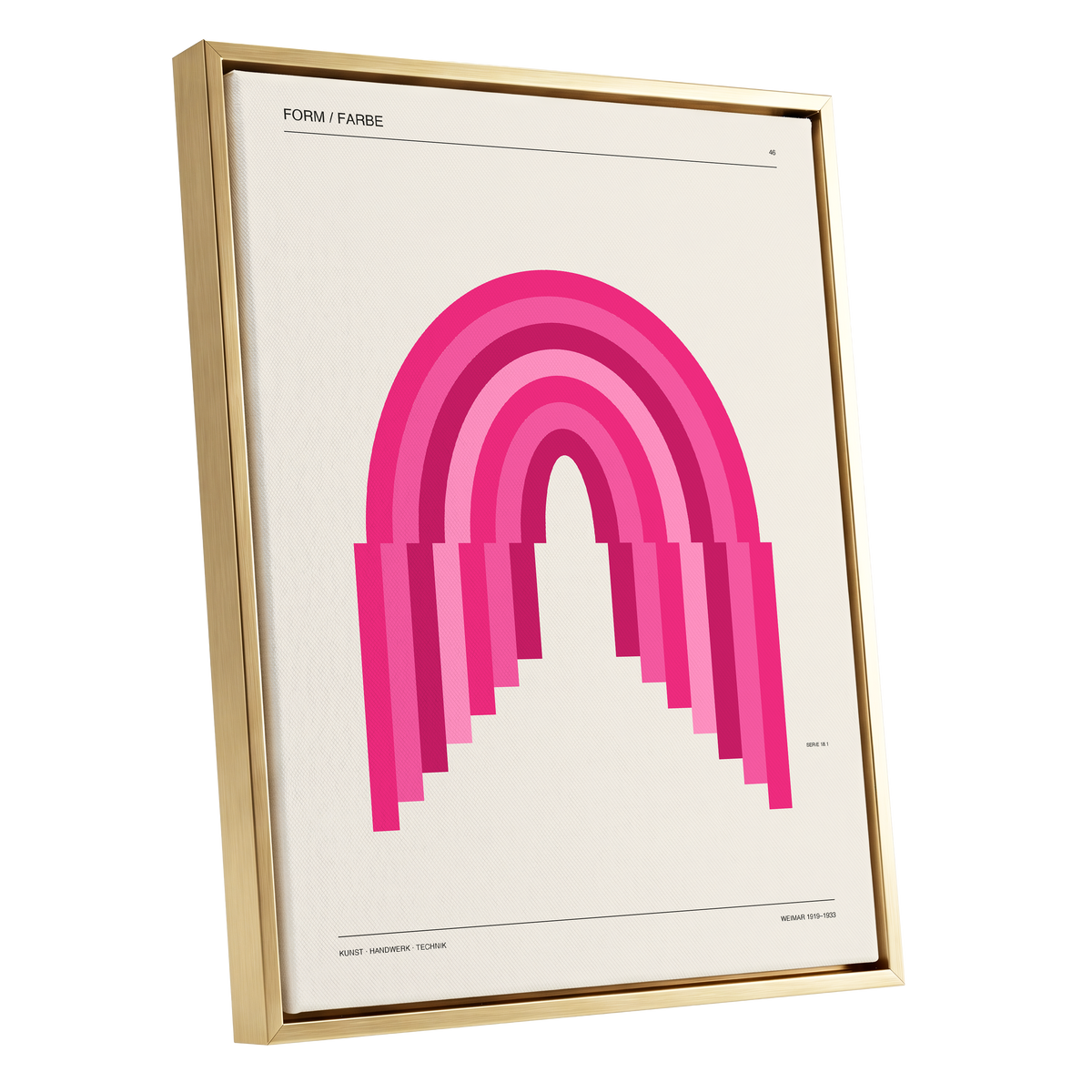Pink Arch Rhythm, pink, beige minimalist wall art shown as a gold framed canvas wall art