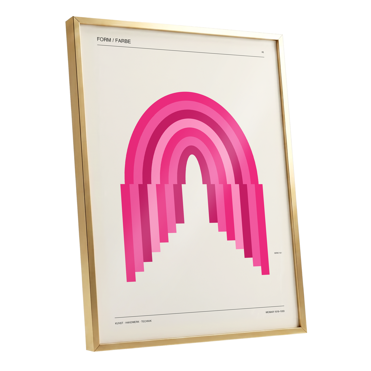 Pink Arch Rhythm, pink, beige minimalist wall art shown as a gold framed poster wall art print