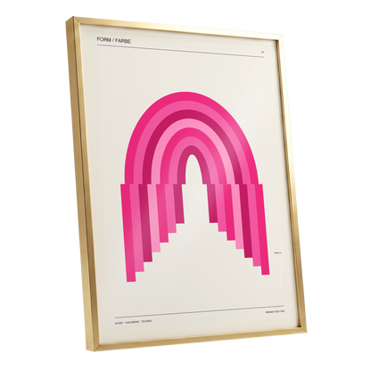 Pink Arch Rhythm, pink, beige minimalist wall art shown as a gold framed poster wall art print