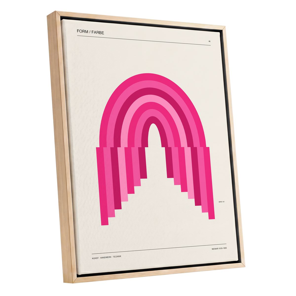 Pink Arch Rhythm, pink, beige minimalist wall art shown as a oak framed canvas wall art