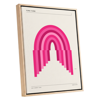 Pink Arch Rhythm, pink, beige minimalist wall art shown as a oak framed canvas wall art