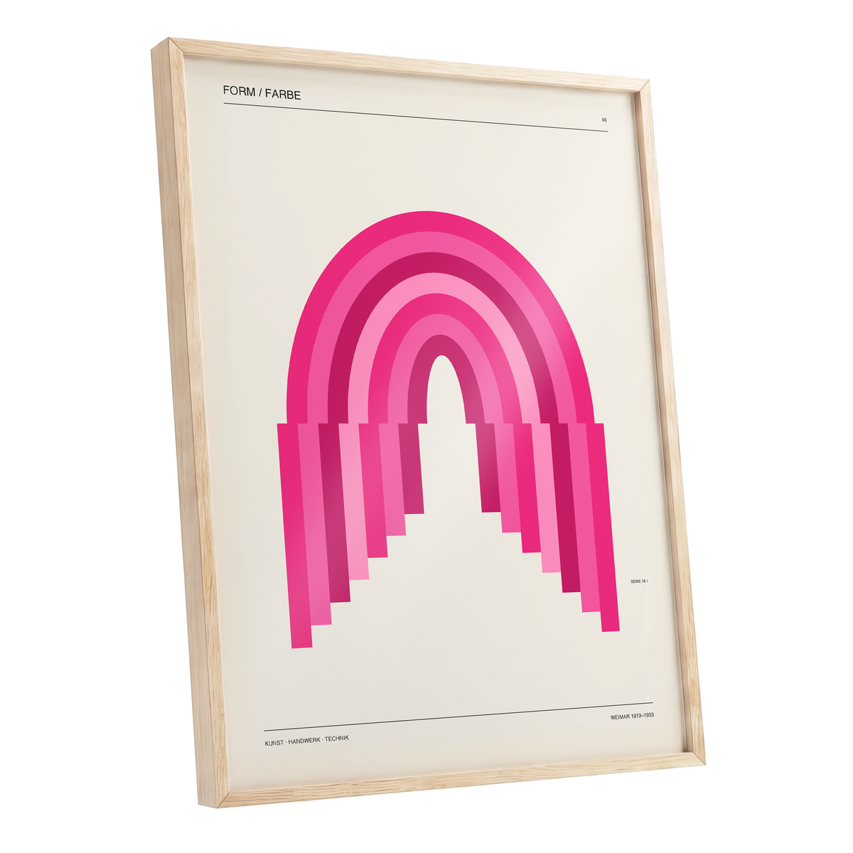 Pink Arch Rhythm, pink, beige minimalist wall art shown as a oak framed poster wall art print