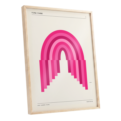 Pink Arch Rhythm, pink, beige minimalist wall art shown as a oak framed poster wall art print