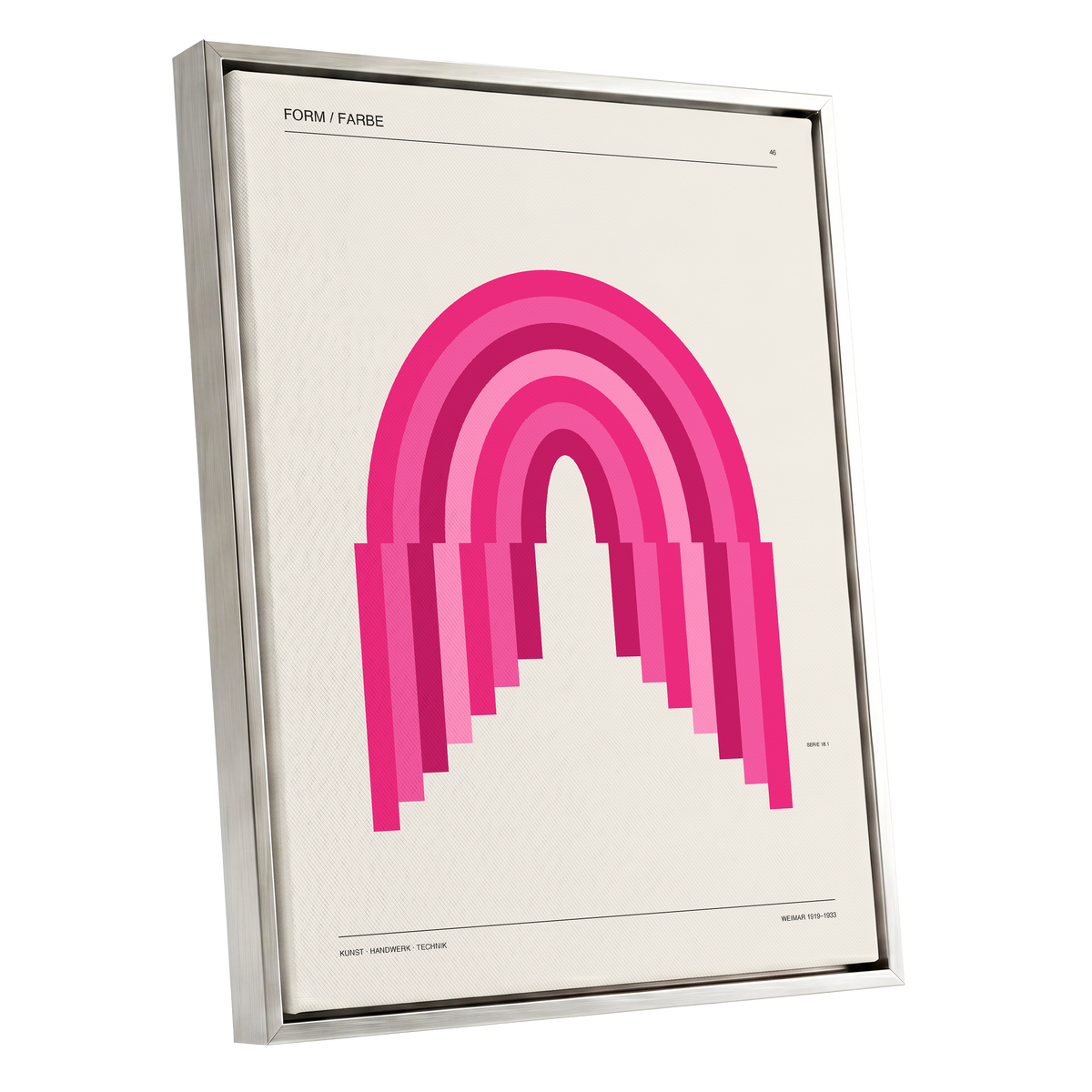 Pink Arch Rhythm, pink, beige minimalist wall art shown as a silver framed canvas wall art