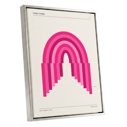 Pink Arch Rhythm, pink, beige minimalist wall art shown as a silver framed canvas wall art