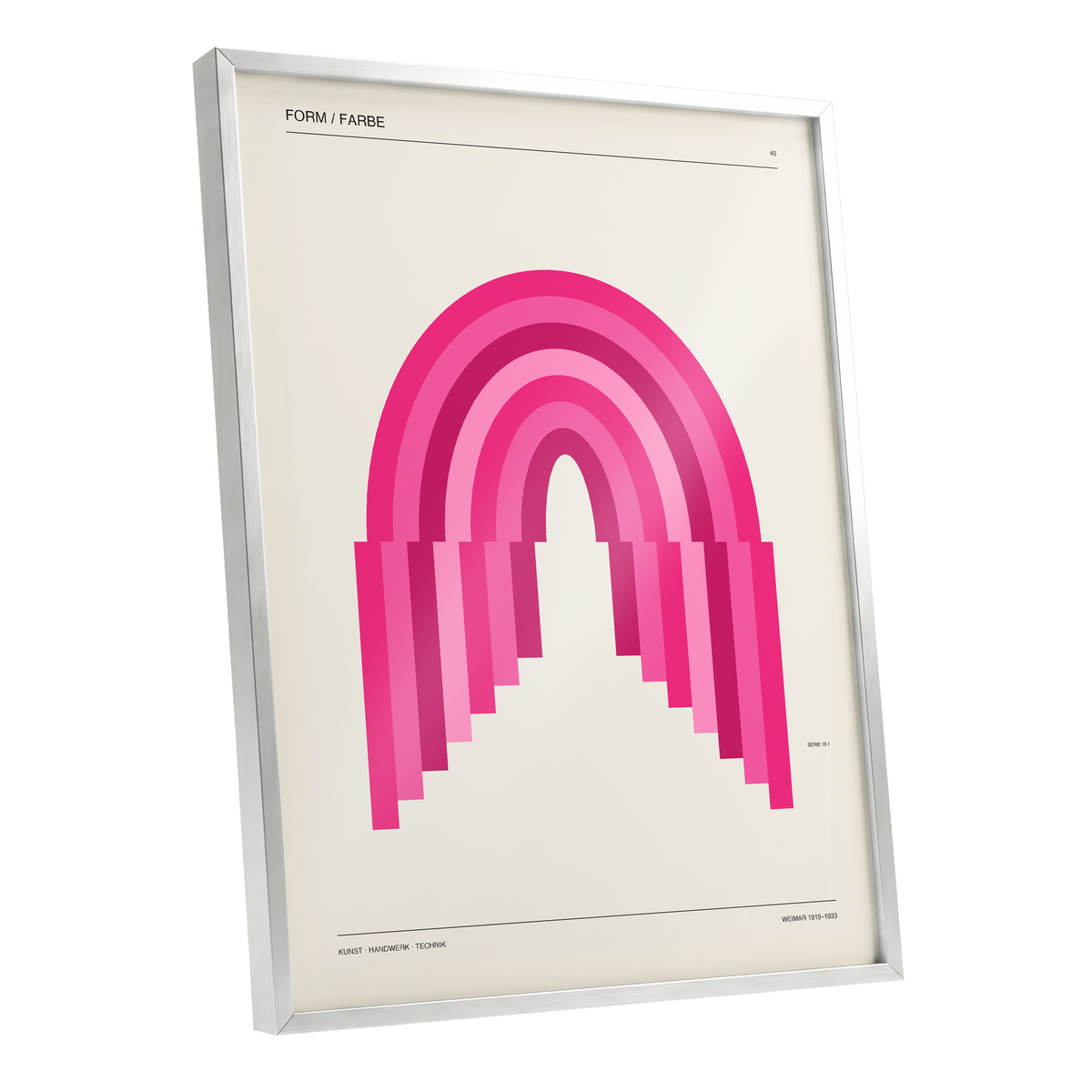Pink Arch Rhythm, pink, beige minimalist wall art shown as a silver framed poster wall art print