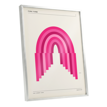 Pink Arch Rhythm, pink, beige minimalist wall art shown as a silver framed poster wall art print