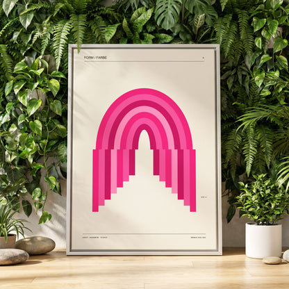Pink Arch Rhythm, pink, beige minimalist wall art displayed in a styled interior, gallery view 1