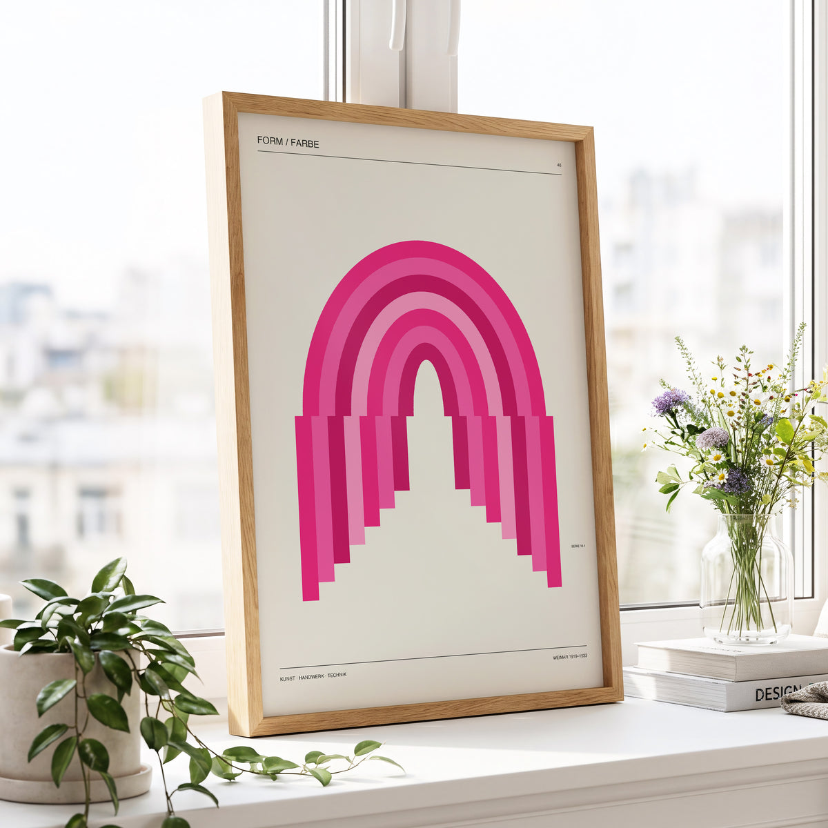 Pink Arch Rhythm, pink, beige minimalist wall art displayed in a styled interior, gallery view 3
