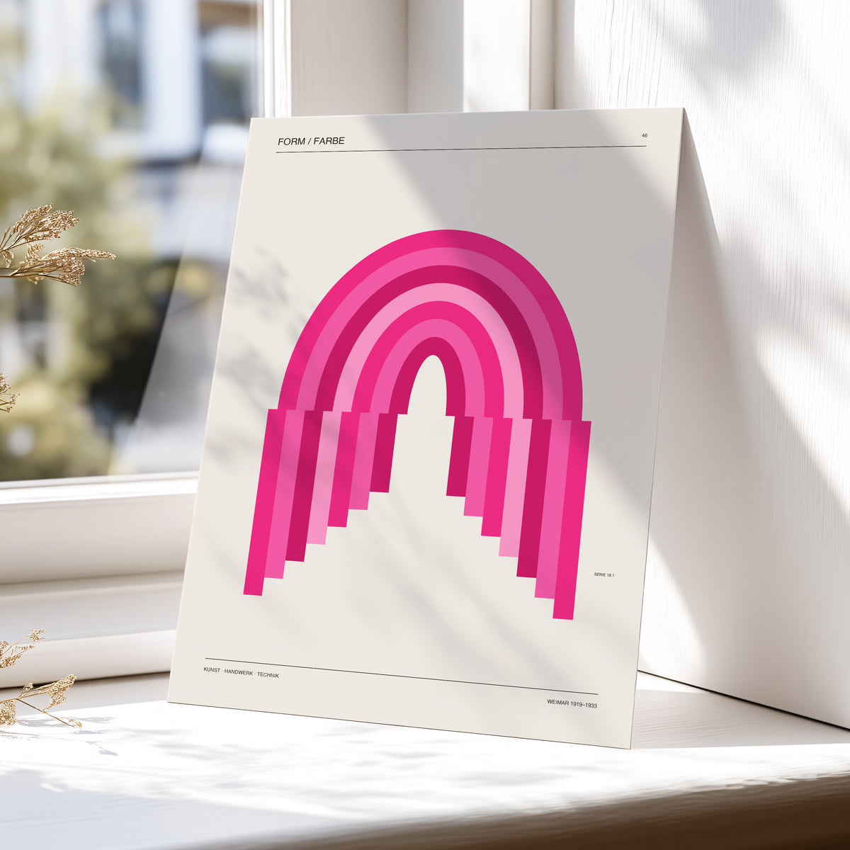 Pink Arch Rhythm, pink, beige minimalist wall art displayed in a styled interior, gallery view 4