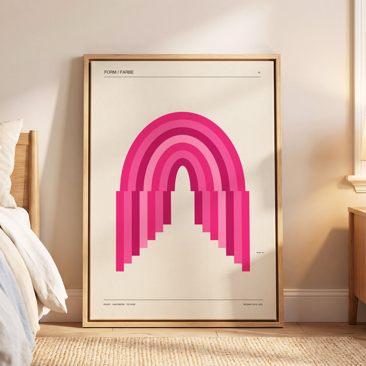 Pink Arch Rhythm, pink, beige minimalist wall art displayed in a styled interior, gallery view 5