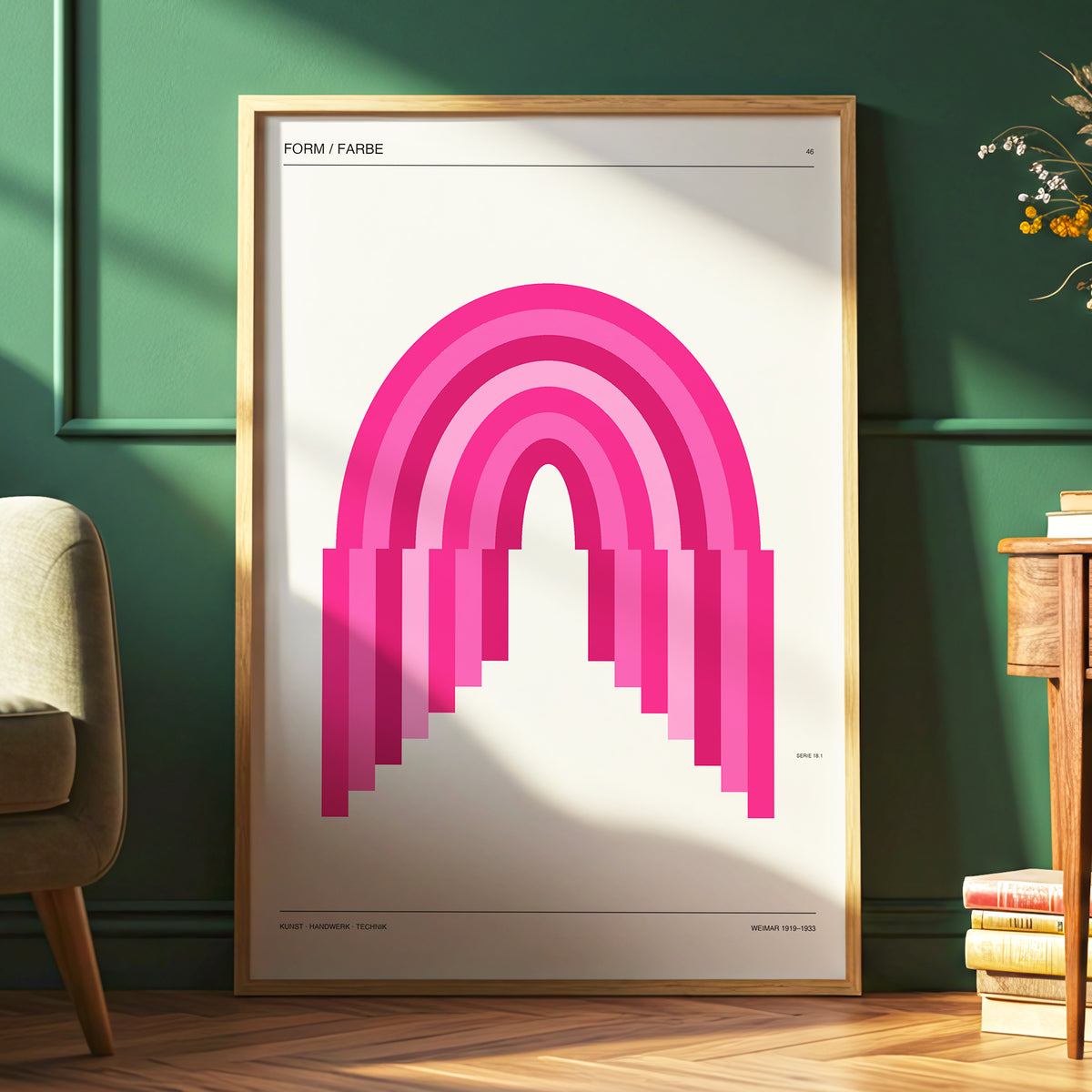 Pink Arch Rhythm, pink, beige minimalist wall art displayed in a styled interior, gallery view 6