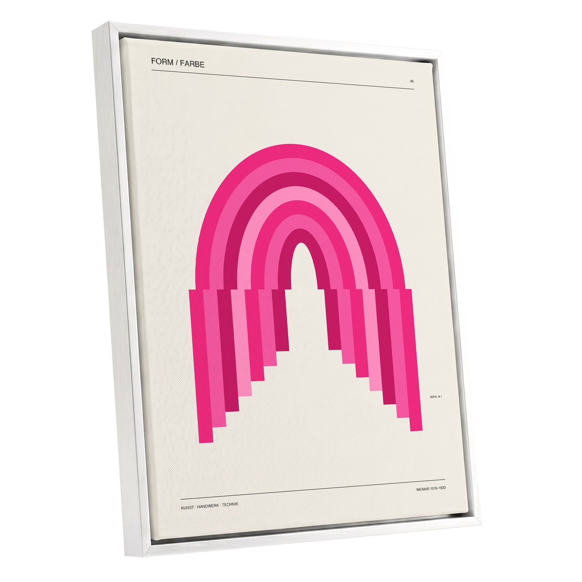 Pink Arch Rhythm, pink, beige minimalist wall art shown as a white framed canvas wall art