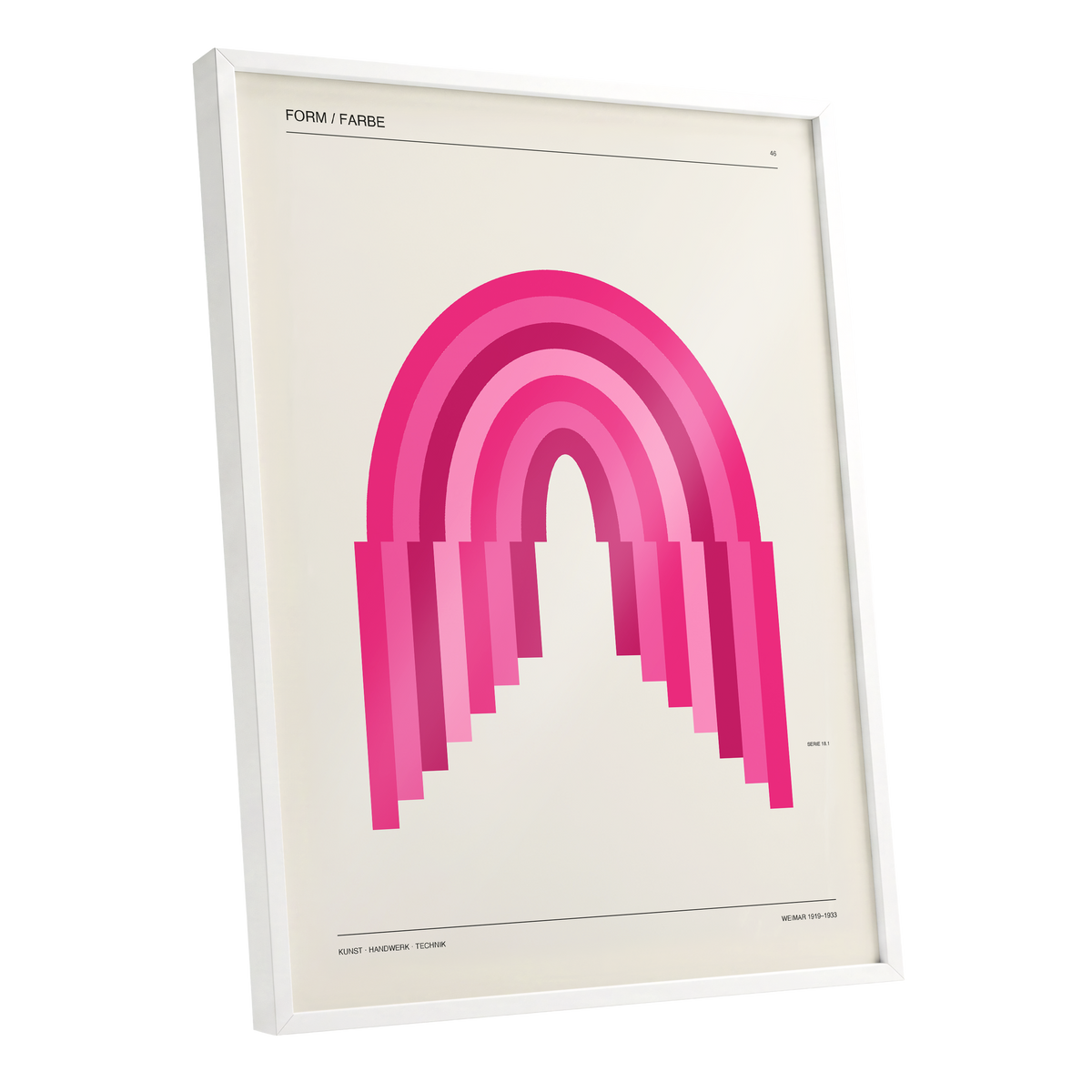 Pink Arch Rhythm, pink, beige minimalist wall art shown as a white framed poster wall art print