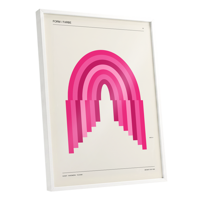 Pink Arch Rhythm, pink, beige minimalist wall art shown as a white framed poster wall art print