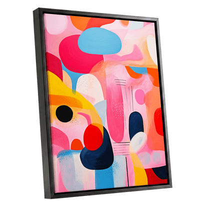 Pink Cadence, pink, blue, orange abstract wall art shown as a black framed canvas wall art