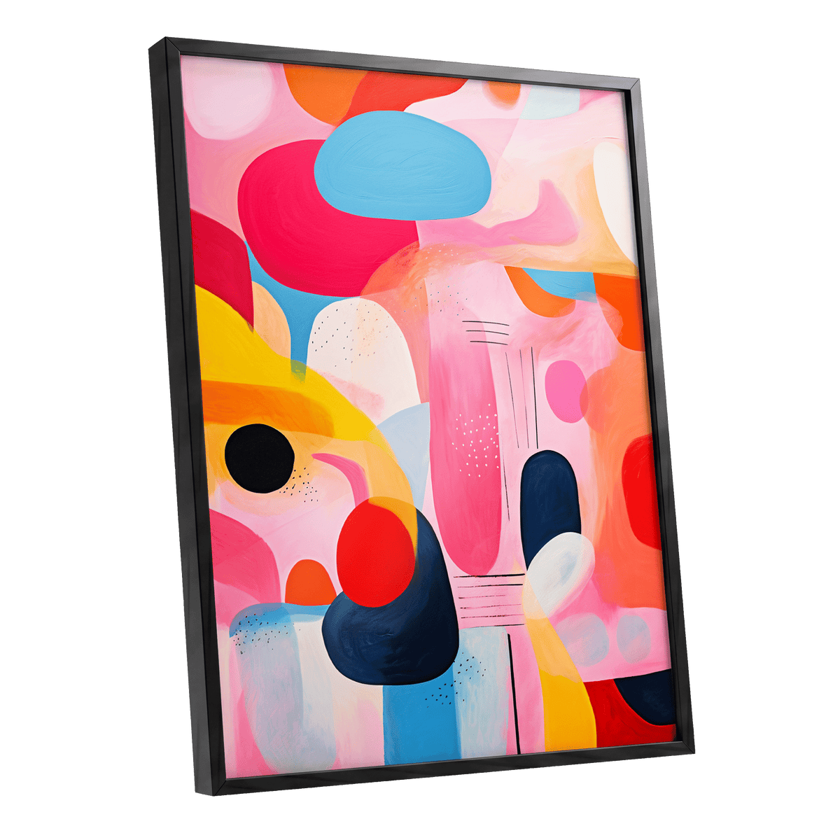 Pink Cadence, pink, blue, orange abstract wall art shown as a black framed poster wall art print