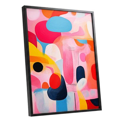 Pink Cadence, pink, blue, orange abstract wall art shown as a black framed poster wall art print