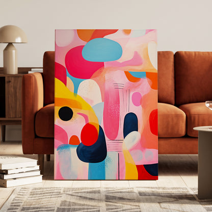 Pink Cadence, pink, blue, orange abstract wall art on canvas displayed in a styled interior, gallery view 1
