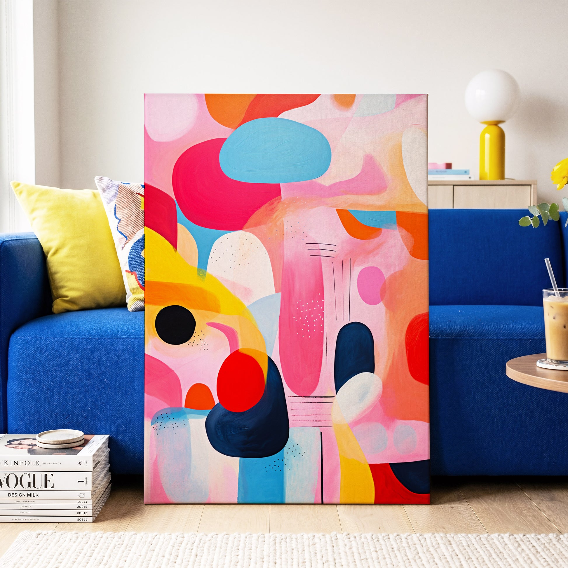 Pink Cadence, pink, blue, orange abstract wall art on canvas displayed in a styled interior, gallery view 2