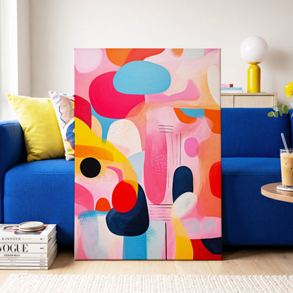 Pink Cadence, pink, blue, orange abstract wall art on canvas displayed in a styled interior, gallery view 2